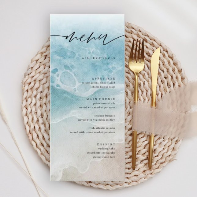 Summer Elegante Coastal Beach Wedding Menu Cards Menükarte (Von Creator hochgeladen)