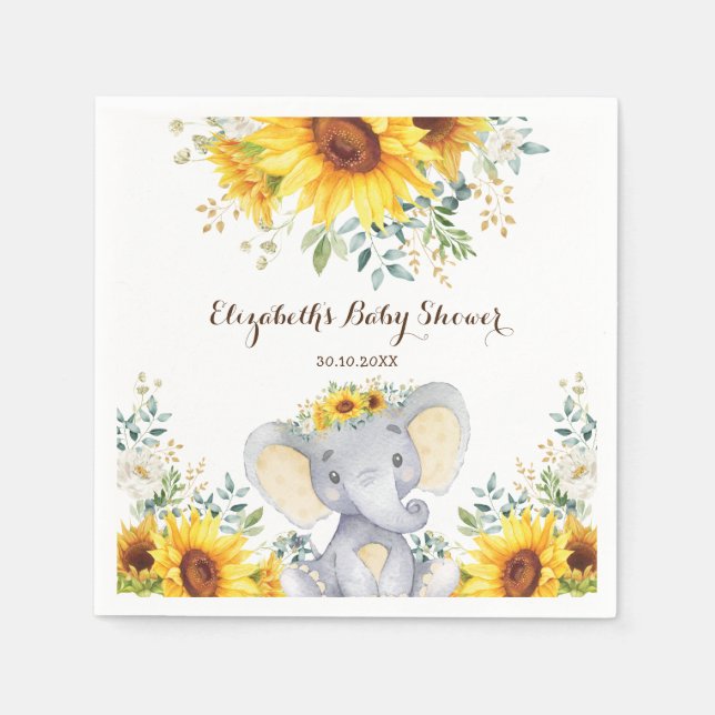 Summer Elephant Watercolor Sonnenblumendusche Serviette (Vorderseite)