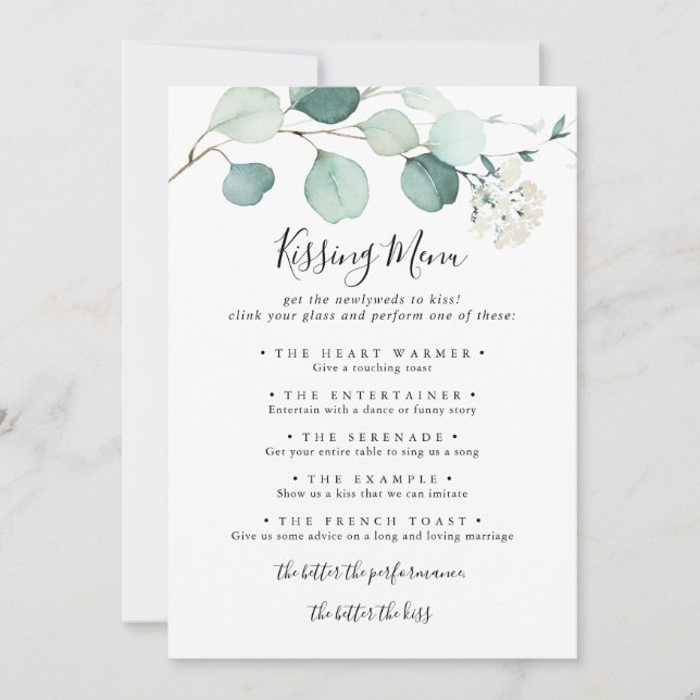 Summer Eukalyptus Wedding Kissing Menu Game Card (Vorderseite)