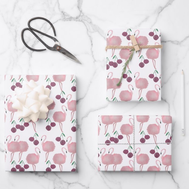 Summer Flamingo Cherries Hand bemalt Wasserfarbe Geschenkpapier Set (Vorderseite)