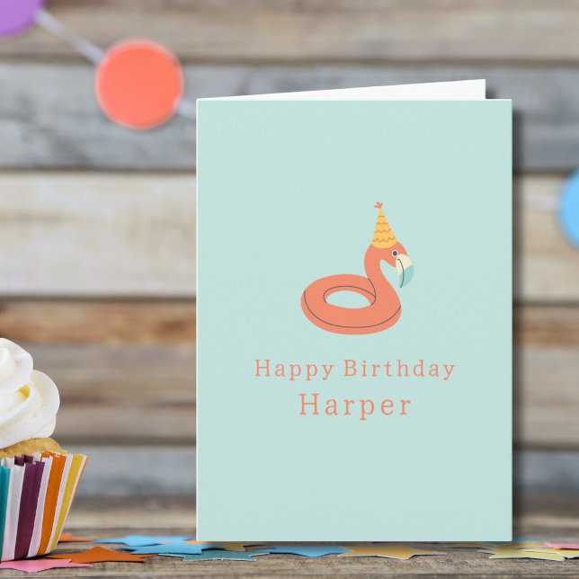 summer flamingo float kids birthday pool party karte (flamingo birthday pool party personalized custom name birthday card)
