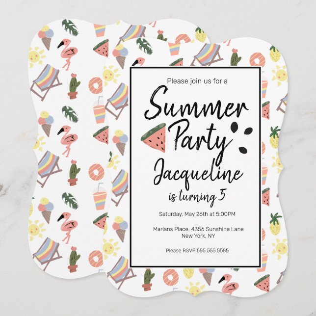 Summer Flamingo Hand Drawn Doodles Einladung (Vorne/Hinten)