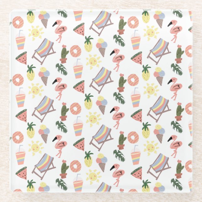 Summer Flamingo Hand Drawn Doodles Glasuntersetzer (Vorderseite)