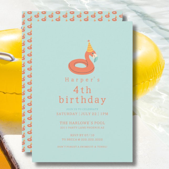 summer flamingo modern kids birthday pool party einladung (flamingo kids birthday pool party modern aesthetic invitations )