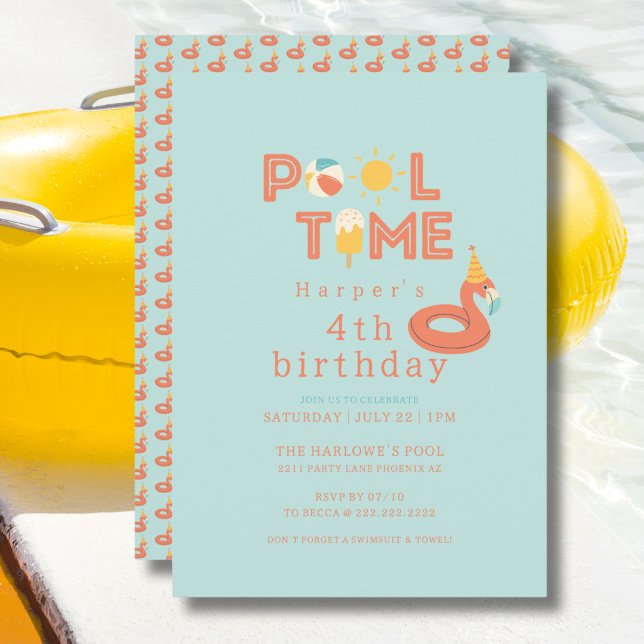 summer flamingo popsicle kids birthday pool party einladung (pool time flamingo beach ball sun popsicle personalized birthday pool party invitation )