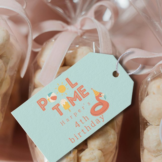 summer flamingo popsicle kids birthday pool party geschenkanhänger (pool time birthday pool party flamingo beach ball sun popsicle party favor gift tag)