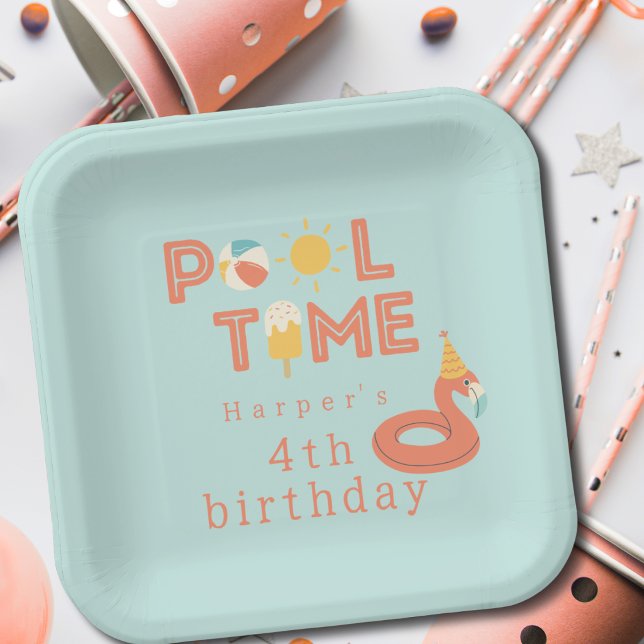 summer flamingo popsicle kids birthday pool party pappteller (flamingo pool time birthday pool party modern paper plates paper party products & supplies)