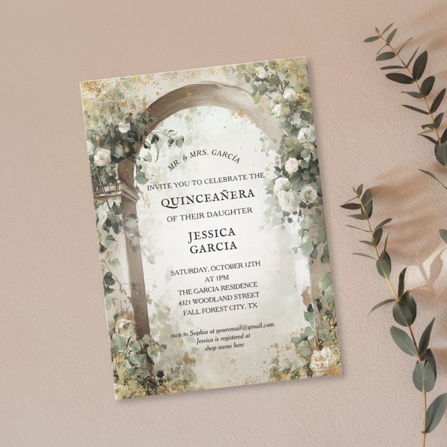 Summer Floral Arch Enchanted Garden Quinceañera  Einladung (elegant white roses arch with golden accents sweet 16 birthday invitation)