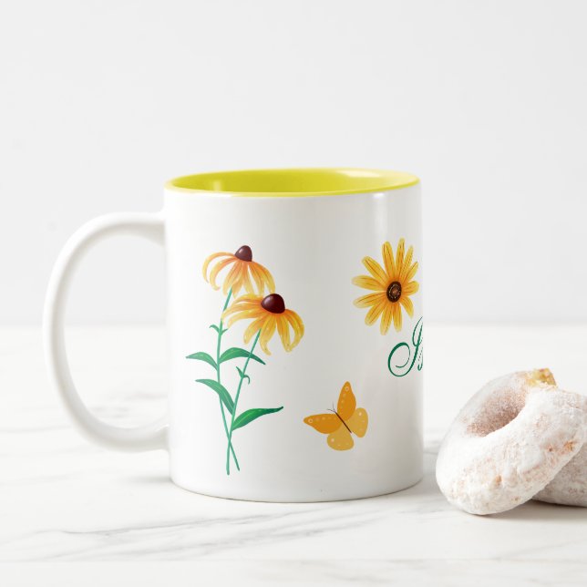 Summer Floral Black-Mit Augen Susan Yellow Blume Zweifarbige Tasse (Mit Donut)