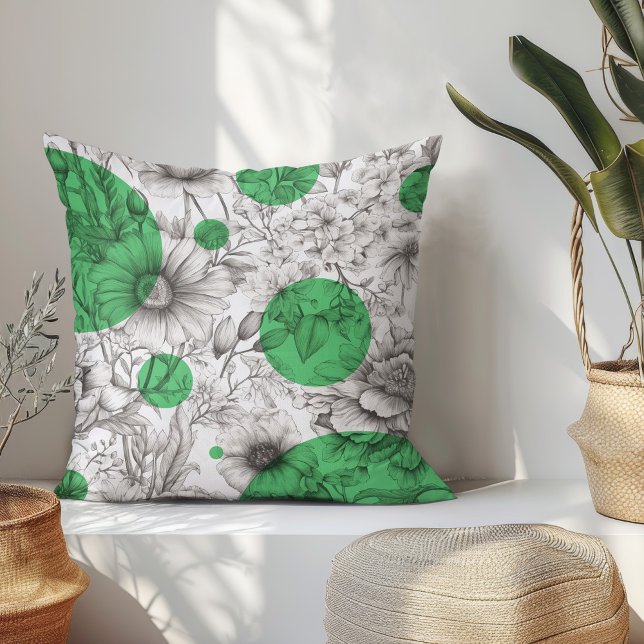 Summer Floral dekoriert Kelly Green Retro Peonies Kissen (Modern floral throw pillow with black and white sketch flowers and kelly green retro circles.)