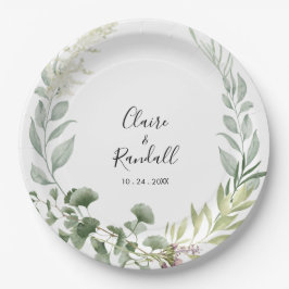 Summer Floral Green Foliage White Wedding Pappteller