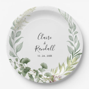 Summer Floral Green Foliage White Wedding Pappteller