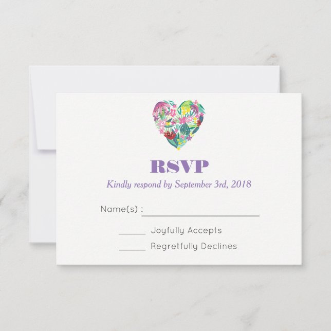 Summer Floral Heart in Pink und Green Wedding RSVP Karte (Vorderseite)