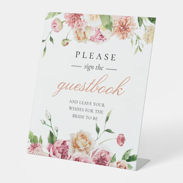 Summer Floral Romantic Brautparty Guestbook Sockelschild (Vorderseite)