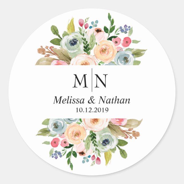 Summer Floral Wreath Wedding Monogram Stickers (Vorderseite)