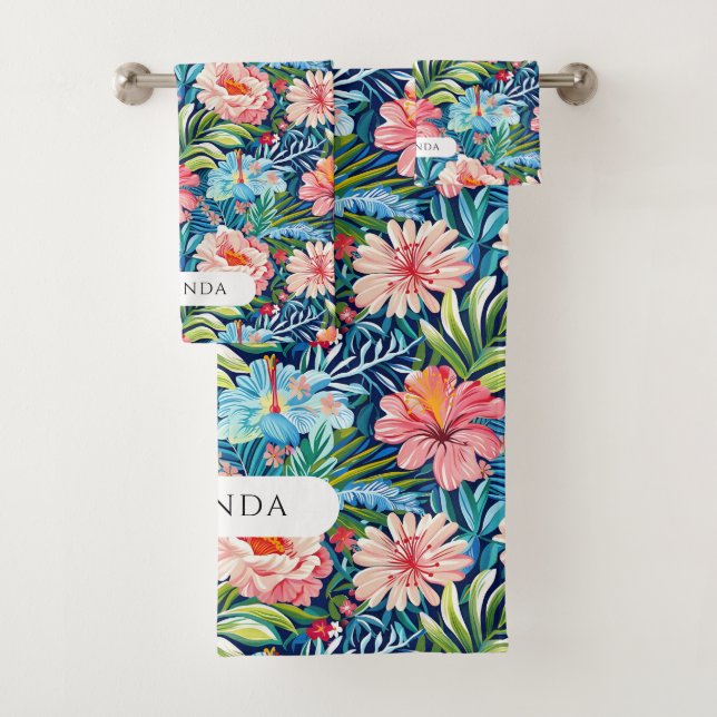 Summer Flowers Tropical Floral Pattern Leaves Badhandtuch Set (Insitu)