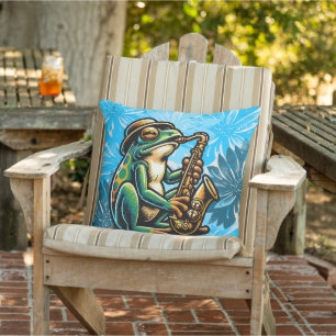 Summer Fresh Blue, Saxophone Frosch Outdoor Pillow Kissen
