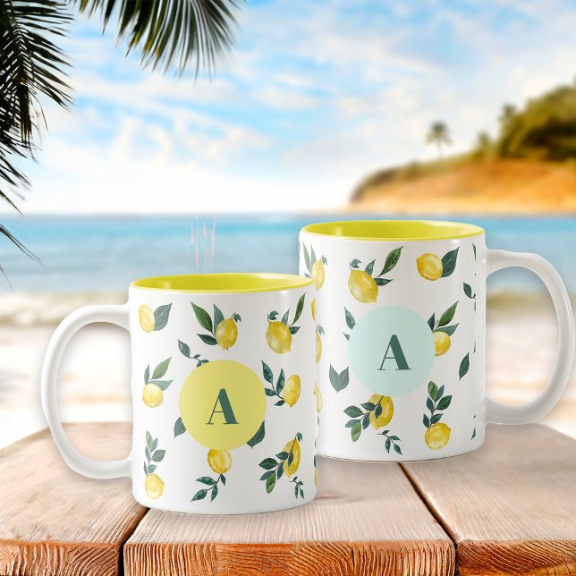 Summer Fresh Watercolor Lemons Individuelle Name Zweifarbige Tasse (Von Creator hochgeladen)