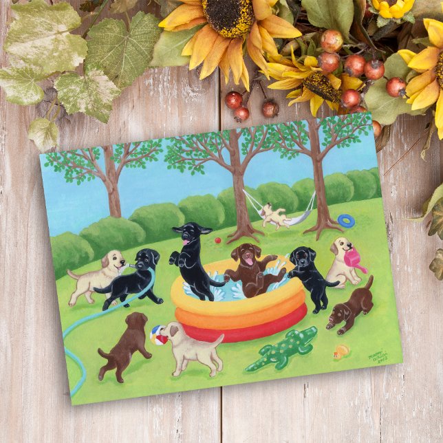 Summer Fun Labradors Painting Postkarte (Summer Fun Labradors Painting Postcard for Labrador Owners.  Whimsical Labrador dog design.)