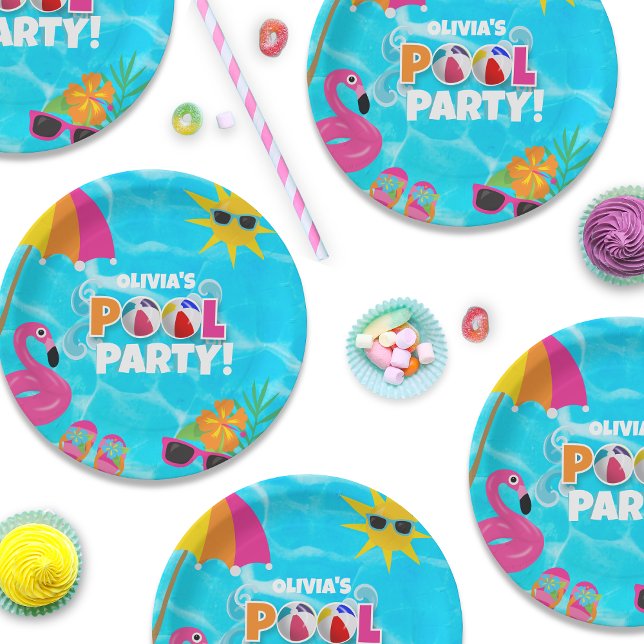 Summer Fun Pool Party Individuelle Name Pappteller (Easily personalize these cute pool party paper plates!)