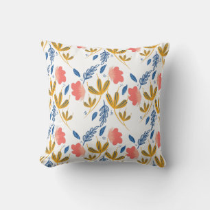 Summer Garden Blue Yellow Coral Florals Hand gezog Kissen