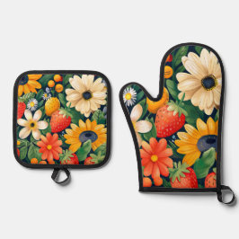 Summer Garden Blume Erdbeeren Muster Ofenhandschuh & Topflappen-Set