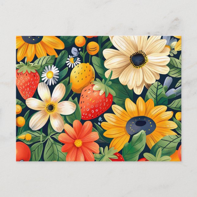 Summer Garden Blume Erdbeeren Muster Postkarte (Vorderseite)
