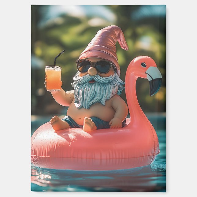 Summer Gnome in Sonnenbrille auf Flamingo Float Magnet (Vorderseite)