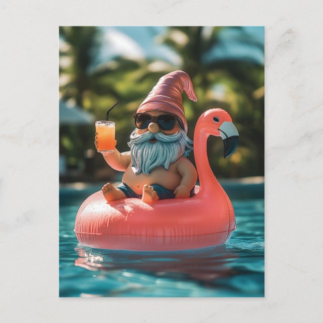 Summer Gnome in Sonnenbrille auf Flamingo Float Postkarte (Vorderseite)