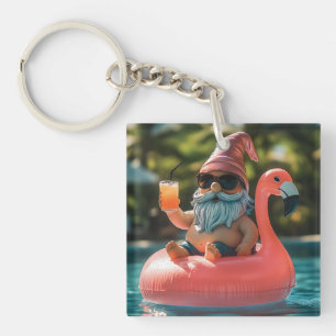 Summer Gnome in Sonnenbrille auf Flamingo Float Schlüsselanhänger