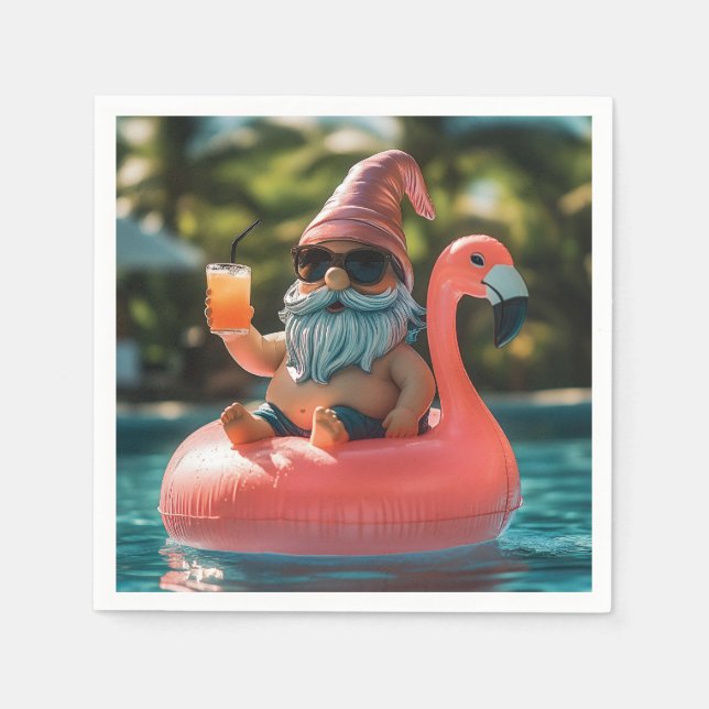 Summer Gnome in Sonnenbrille auf Flamingo Float Serviette (Vorderseite)