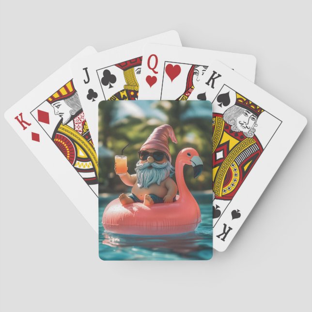 Summer Gnome in Sonnenbrille auf Flamingo Float Spielkarten (Rückseite)