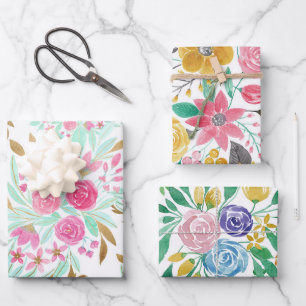 Summer Gold Pink Aquamarin Watercolor Blume Muster Geschenkpapier Set
