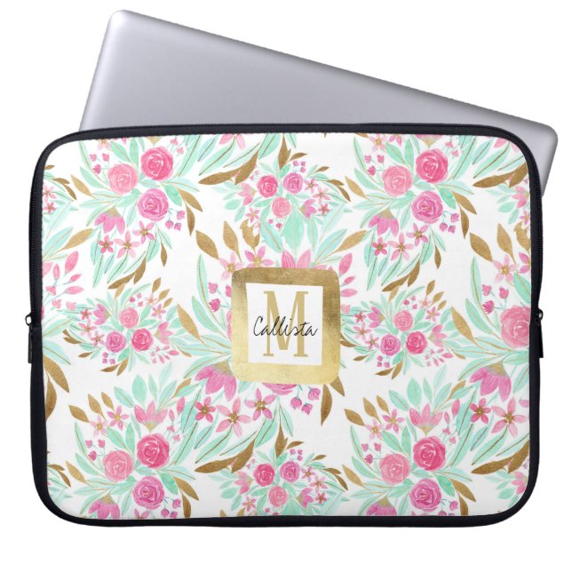 Summer Gold Pink Aquamarin Watercolor Blume Muster Laptopschutzhülle (Vorderseite)