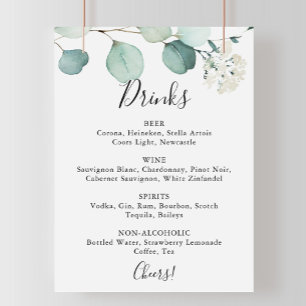 Summer Green Eukalyptus Wedding Drinks Menü Signat Poster