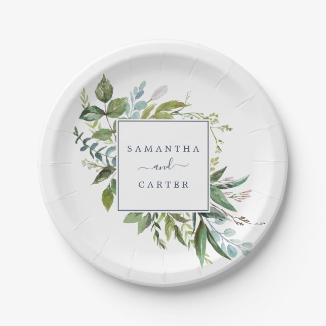 Summer Greenery Bride und Groom Wedding Pappteller (Vorderseite)