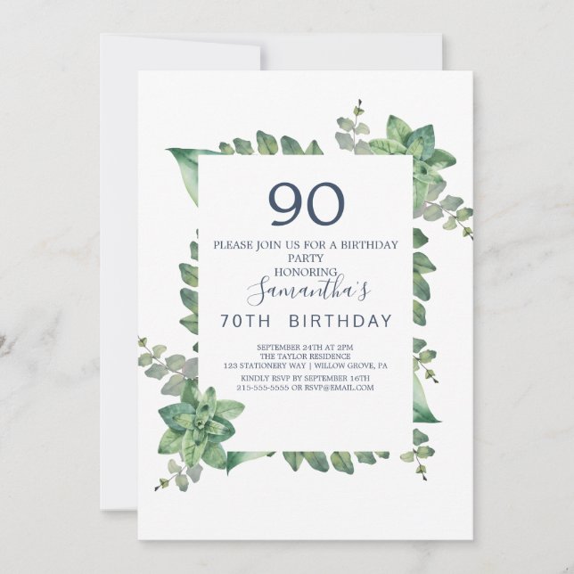 Summer Greenery Diamond Wreath 90. Geburtstag Einladung (Vorderseite)