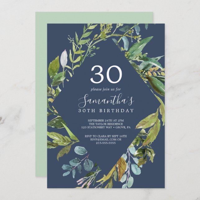 Summer Greenery Navy Diamond Wreath 30. Geburtstag Einladung (Vorne/Hinten)