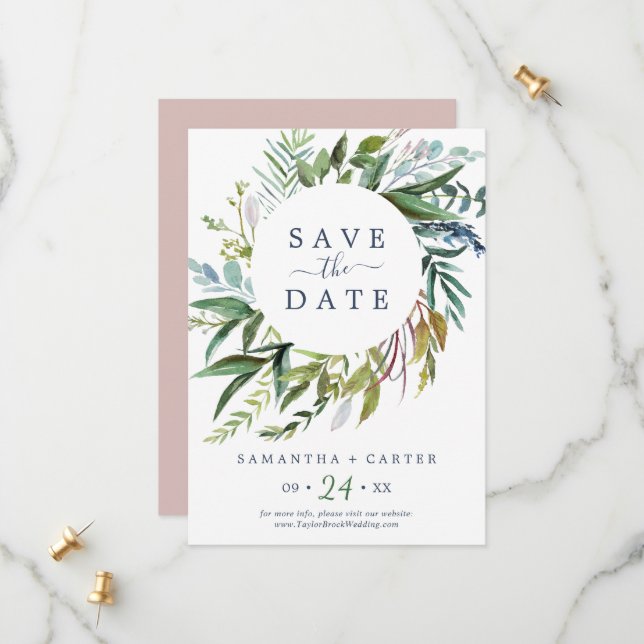 Summer Greenery | Rosa Save the Date (Vorderseite/Rückseite Beispiel)