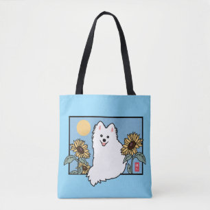 Summer Happy Spitz Hund sitzend mit Sonnenblumen