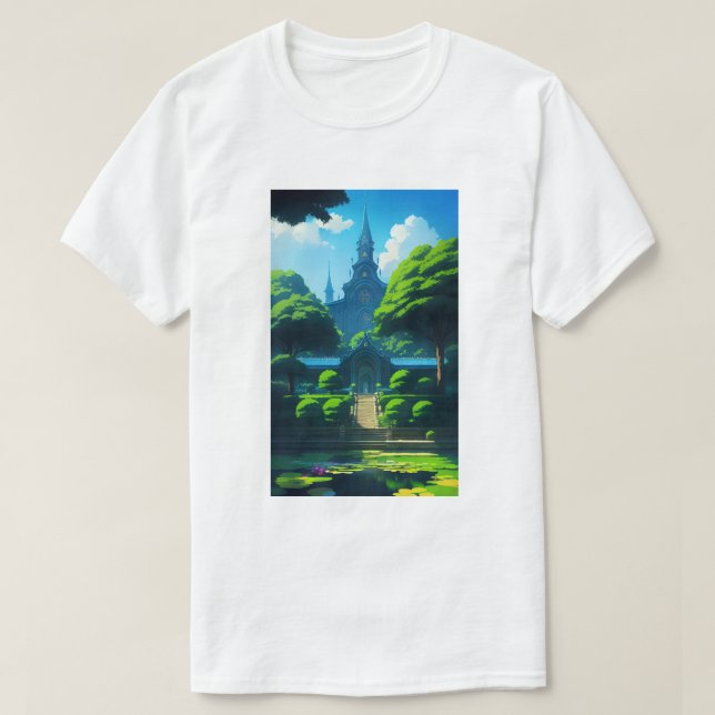 Summer Happy Vibes Temple und Pond Blue Sky T-Shirt (Design vorne)