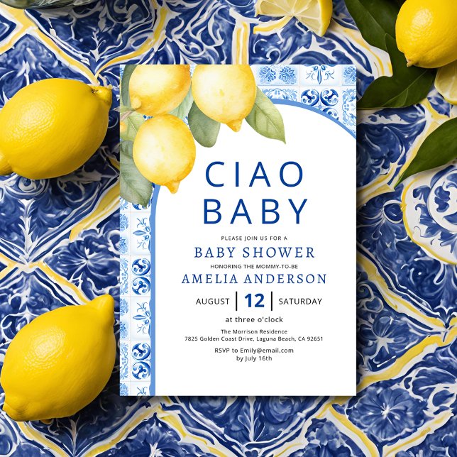 Summer Italian Blue Tiles Lemon Baby Dusche Einladung (Von Creator hochgeladen)