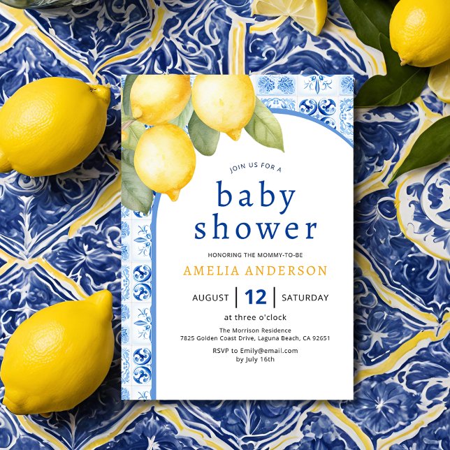 Summer Italian Blue Tiles Lemon Baby Dusche Einladung (Von Creator hochgeladen)