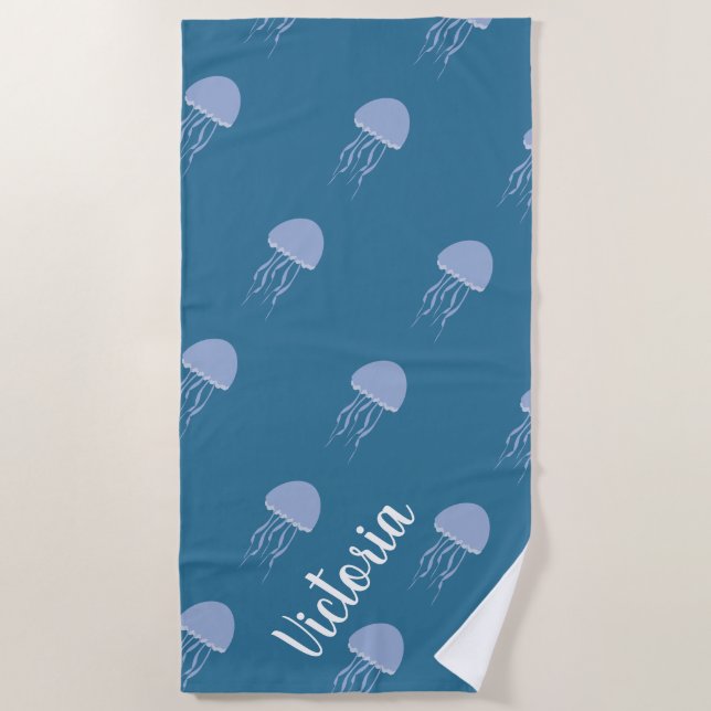 Summer Jellyfish Blue Name Beach Handtuch (Vorderseite)