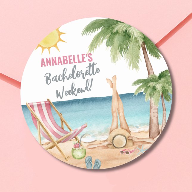 Summer Junggeselinnen-Abschied Niedlich Beach Runder Aufkleber (Watercolor Beach Bachelorette Party Classic Round Sticker)