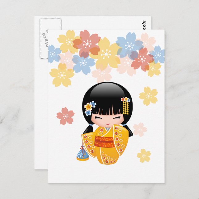 Summer Kokeshi Doll - Gelbes Kimono Beste Wünsche Postkarte (Vorne/Hinten)