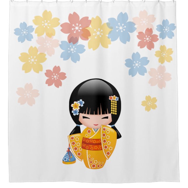 Summer Kokeshi Doll Yellow Kimono Geisha Girl Duschvorhang (Vorderseite)