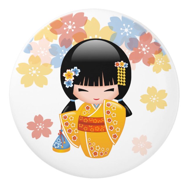 Summer Kokeshi Doll - Yellow Kimono Geisha Girl Keramikknauf (Vorderseite)