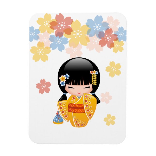 Summer Kokeshi Doll - Yellow Kimono Geisha Girl Magnet (Vertikal)