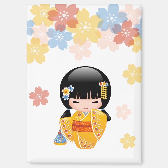 Summer Kokeshi Doll - Yellow Kimono Geisha Girl Magnet
